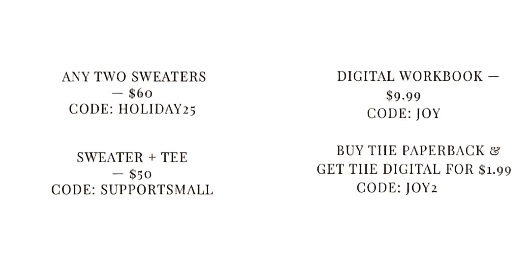 Promotional text on a beige background for clothing and digital products with discount codes.